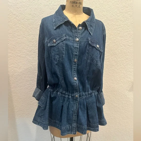 Nostalgia Blue Denim Jacket with drawstring waist and peplum - Picture 1 of 7